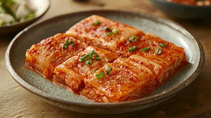 Korean Kimchi slices on plate, food prep, side dish, other Asian foods in background