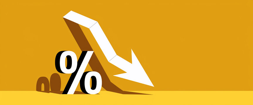 3D rendering of percentage symbol with falling arrow on yellow background, illustrating concept of decreasing percentage, rates decline, economic downturn or discount