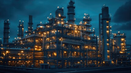 Fototapeta premium Illuminated Industrial Complex at Night: Steel, Pipes, and Towers