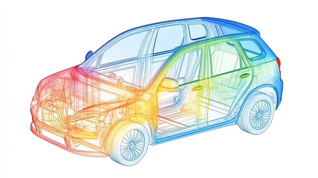 Automotive crash test simulation, structural deformation, finite element mesh, 3D illustration