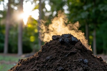 This image captures a rich pile of soil emitting steam in a lush green forest, highlighting the vitality and warmth of the earth in an organic landscape setting.