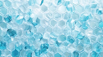 Pattern of translucent blue ice crystals forming intricate hexagonal shapes in a cool, refreshing arrangement