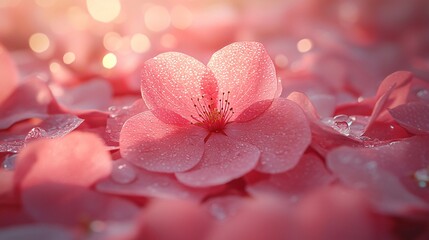 Obraz premium Delicate Pink Blossom Surrounded by Petals with Dew Drops Glowing in Soft Natural Light