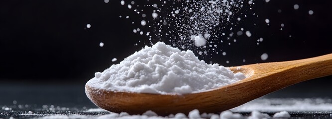 A delicate snowfall of powdered sugar settling on a wooden spoon on an isolate background