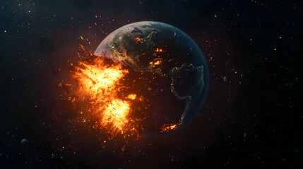 Obraz premium Dramatic Depiction Of Planet Earth Engulfed In Fiery Orange Explosion Amidst Dark Starry Space With Asteroids