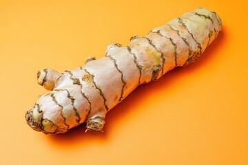 A close up image of a turmeric root on orange