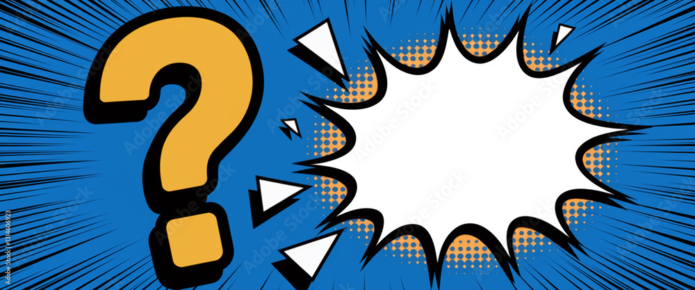 Poster blue comic book background with yellow large question mark and large blank speech bubble, ideal for 