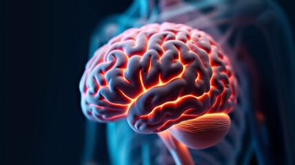 Digital 3D representation of the human brain with a lighting effect highlighting its structure and neural connections. illustration of active human brain with lighting effects.