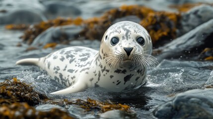 A playful seal swims among rocks and seaweed, showcasing its spotted coat and curious expression in a tranquil aquatic environment.