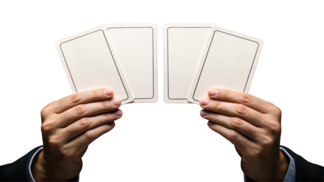 Blank Playing Cards in Hands on Transparent Background