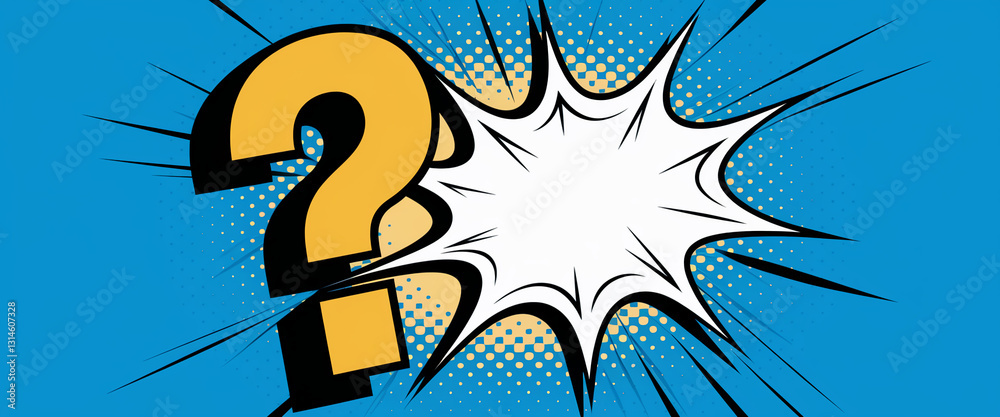 Aufkleber yellow large question and exclamation marks on a blue pop art background with a large blank speech b