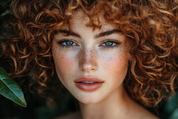 Fototapeta premium In a symphony of light and shadow, her curly hair dances, a cascade of auburn waves cascading around her face Softly illuminated from behind, each strand shimmers with a golden glow, creating an