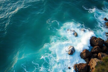 Stunning aerial perspective of turquoise sea waves crashing on rocks, oceanic, seascape, aqua