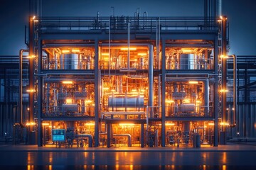 Illuminated Industrial Facility at Night: Intricate Machinery and Pipelines