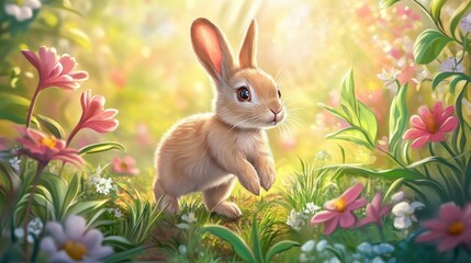 Obraz premium Cute rabbit in Spring field.