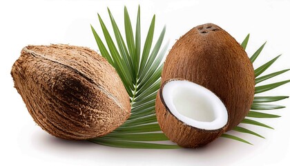 Fresh coconut with a hard brown shell and white flesh, displayed in a close-up with green palm leaves