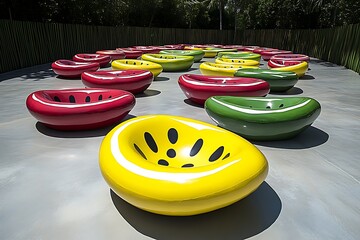 Colorful fruit seats outdoor garden display