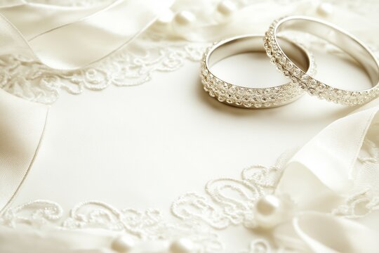 Elegant wedding rings displayed on soft background featuring vintage border with lace patterns and pearls. Concept focuses on vintage border with lace patterns and pearls