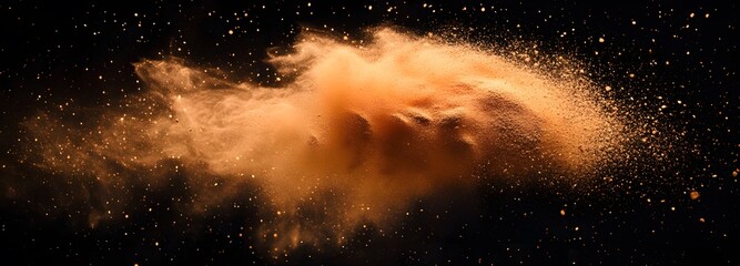 A cloud of sparkling bronze pigment powder floating in soft motion on an isolate background