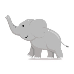 Charming illustration of a playful baby elephant, depicted in a simple, flat design with a soft gray palette. Perfect for children's books, educational materials, and animal themed projects.