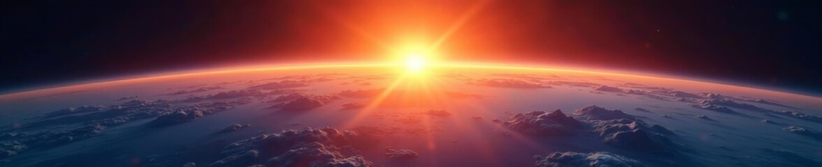 Obraz premium Stunning view of earth's horizon during sunrise with sun shining through atmosphere, planet, earth, sun rays