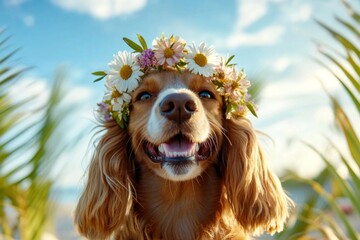 Naklejka premium Cute adult dog cocker spaniel wearing free flower crown on its head. Early sunshine. Sunny days happiness. Fluffy puppy and floral charm. Outdoor happiness for puppies. Happy pet in summer.