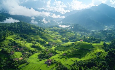 Beautiful spring landscape with green fields and trees in the distance