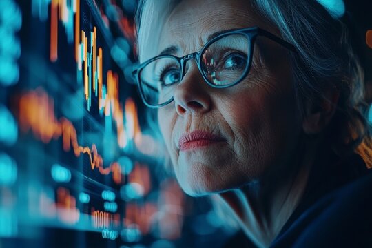 In the complex realm of finance, a senior woman stands as a beacon of experience and foresight, meticulously analyzing stock market trends With focused determination, she navigates the intricacies of