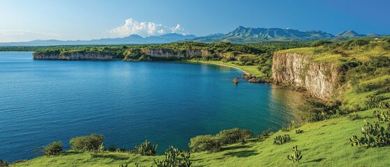 Obraz premium Serene Coastal Landscape with Dramatic Cliffs and Mountains