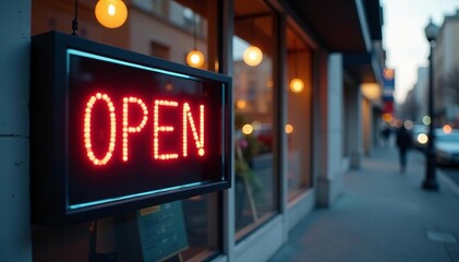 Square lightbox sign displaying "Open" outside store facade, storefront, signage