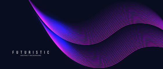 Futuristic abstract background with flowing, curved lines in shades of vibrant purple and pink set against a dark background. The dynamic wave-like pattern creates a sense of motion and depth.