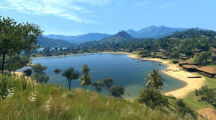 Obraz premium Tropical lake village, vista from hilltop, calm scene, possible use travel brochure