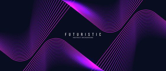 Futuristic abstract background with flowing, curved lines in shades of vibrant purple and pink set against a dark background. The dynamic wave-like pattern creates a sense of motion and depth.
