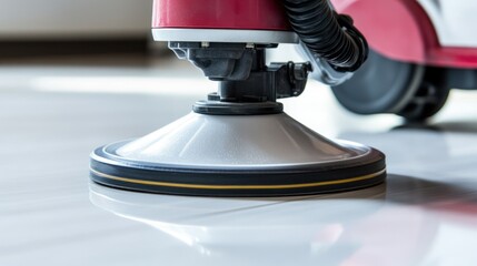 Floor cleaning machine polishing white tile floor