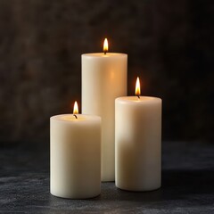 Elegant White Pillar Candles Collection with Glowing Flames Against Dark Background Minimalist Product Photography