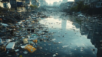 A polluted waterway filled with debris and waste, reflecting neglect and environmental concerns in an urban setting.