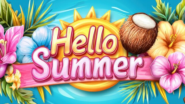 Hello Summer Lettering Concept for the First Day of Summer. Bright summer themed graphic with flowers and sun illustration