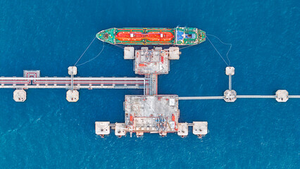 Aerial top view oil tankers park at oil port.