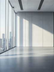 Fototapeta premium Modern office interior with large windows and city skyline view during daylight hours