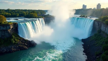 Stunning aerial view of Niagara Falls in Canada with mist rising from cascading water, landscape, cascading, Canada