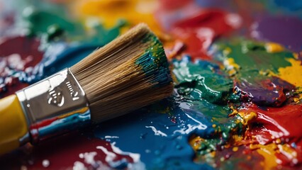 Fototapeta premium Paintbrush with colorful wet paint on palette