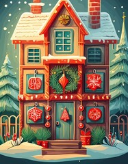  Cute Christmas house style advent calendar. Flat cartoon design