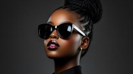 Fototapeta premium Stylish young Black woman with dark sunglasses and a topknot.