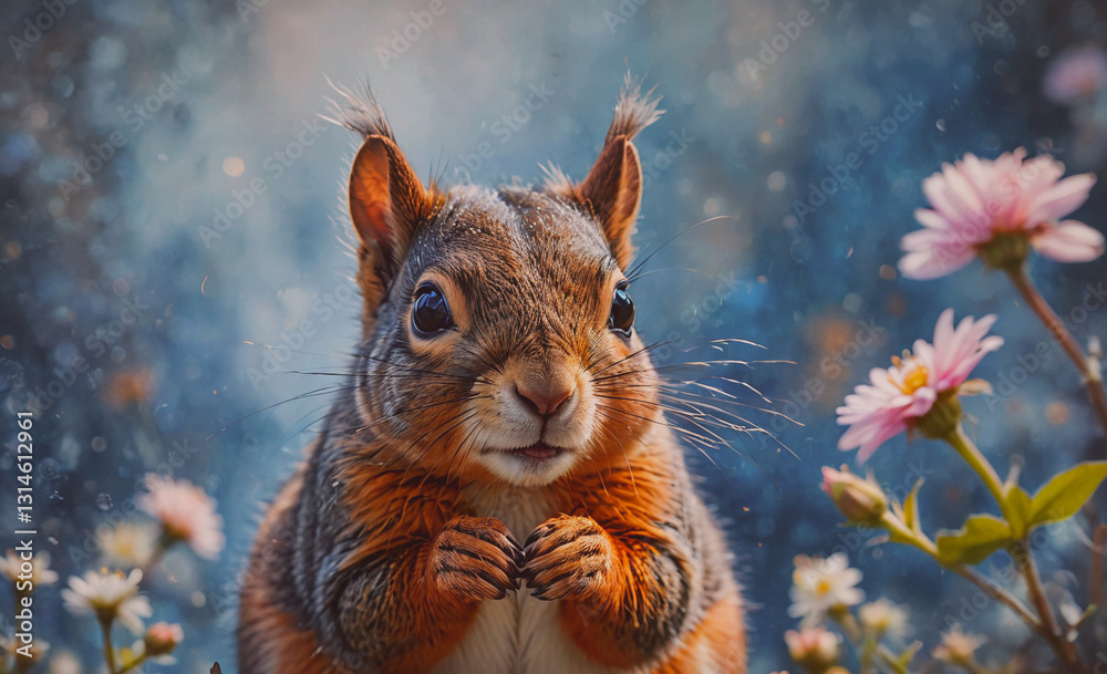 Poster squirrel is standing in front of a field of pink flowers. the squirrel is looking at the camera with