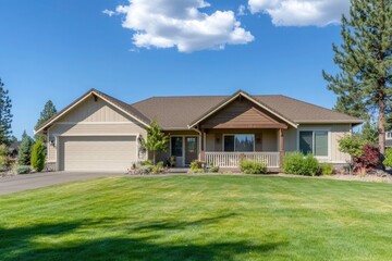 Fototapeta premium Charming home with manicured lawn under a clear sky.