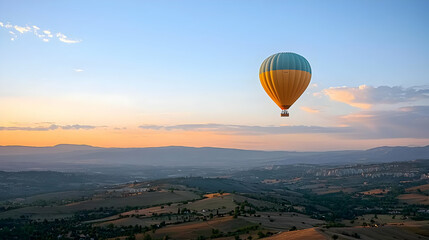 Fototapeta premium Hot Air Balloon Soaring At Golden Hour Over Scenic Cappadocia Landscape During Sunrise