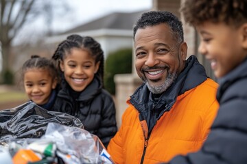 A proud father shares a joyful moment with two children, engaging in playful activity while sitting outdoors, which highlights familial love and bonding.