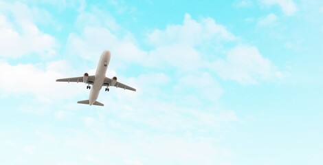 ULTRA HD. Airplane flies in blue sky. Travel. Airplane takes off against the background of blue sky.