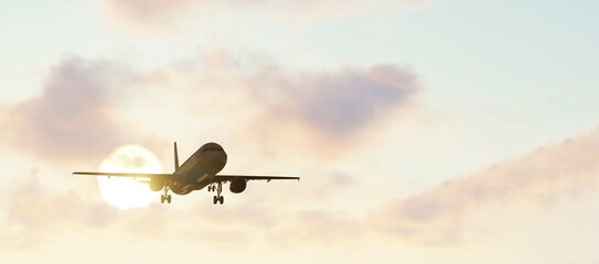 ULTRA HD. Airplane flies in sunset sky. Travel. Airplane takes off against the background of sunset sky. 