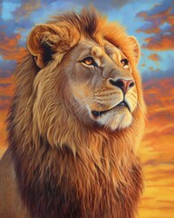 Fototapeta premium Majestic African Lion Exuding Regal Power and Noble Grace Amidst the Golden Savanna Under a Vibrant Sky
